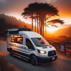 Ford Transit 350 HD extended camper van, van life in Mendocino at sunset-6